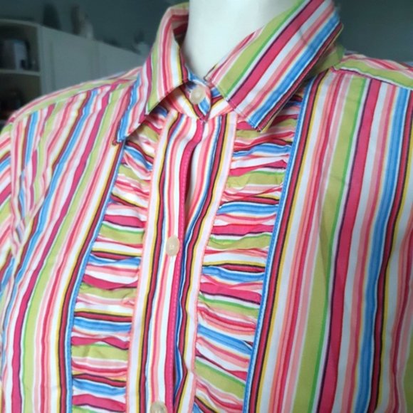 Liz Claiborne bright striped ruffle front button up collared blouse large - Picture 3 of 12